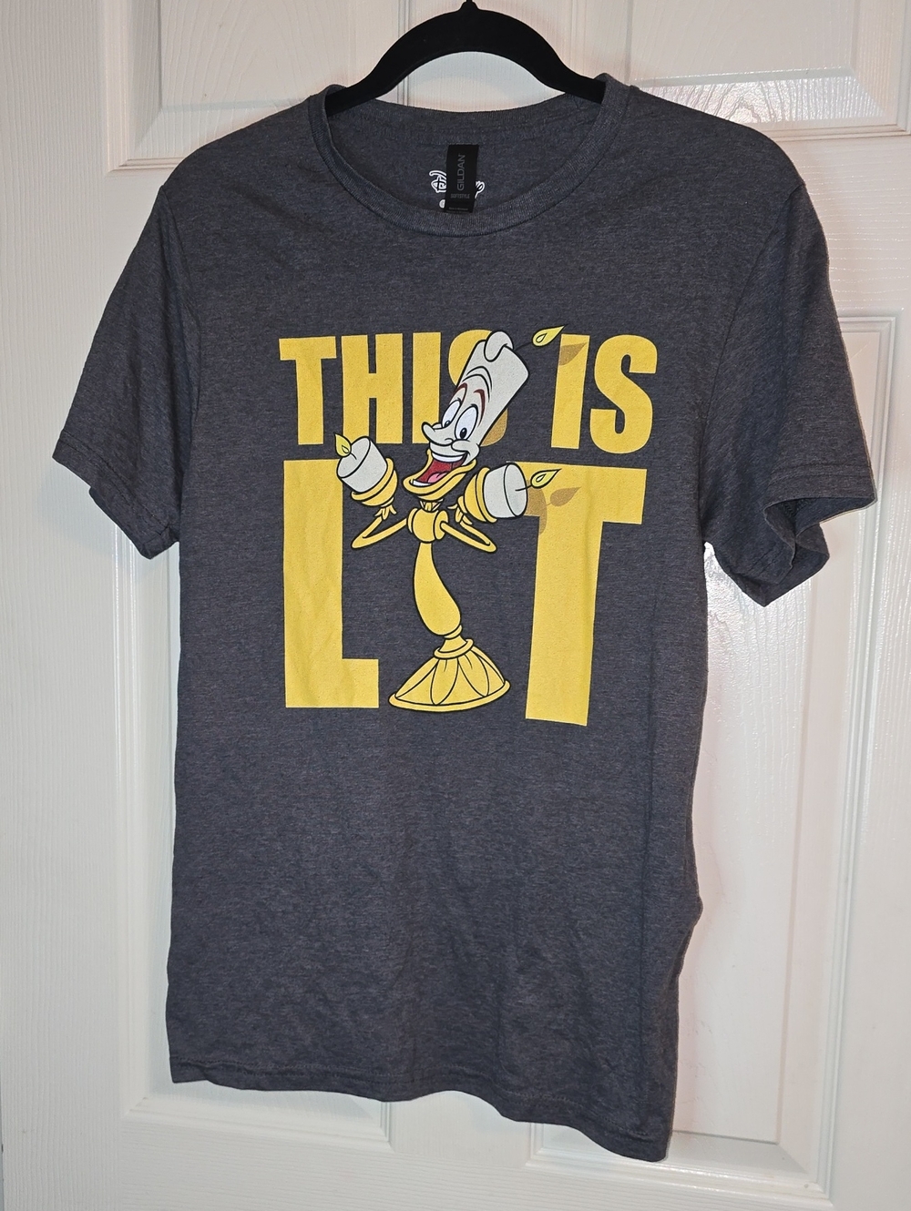 Disney Short Sleeve Charcoal Gray Tee with Yellow 'This Is Lit' Lumiere Graphic